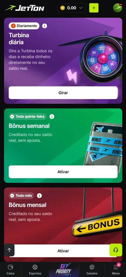 Página de bônus da Jetton com cartões Turbina diária com botão Girar, Bônus semanal marcado Toda quinta-feira e Bônus mensal marcado Todo mês, os dois creditados no saldo real sem aposta
