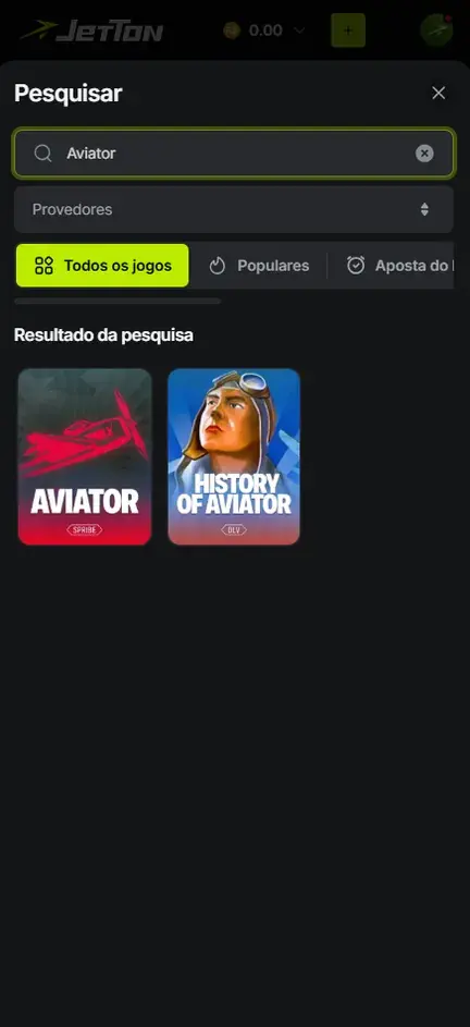 Pesquisa pelo aviãozinho na Jetton com dois títulos no resultado, um da Spribe e outro da DLV