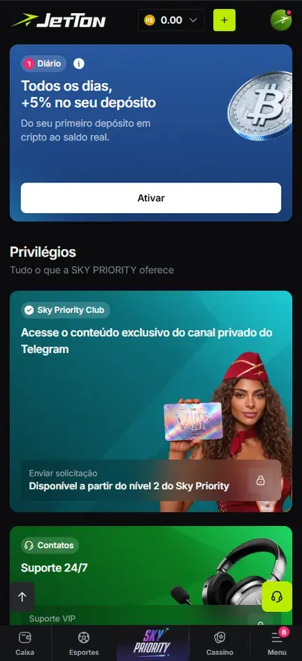 Tela de bônus da Jetton com cartão de +5% no primeiro depósito em cripto do dia e a seção Privilégios com o Sky Priority Club e o acesso ao canal privado do Telegram a partir do nível 2