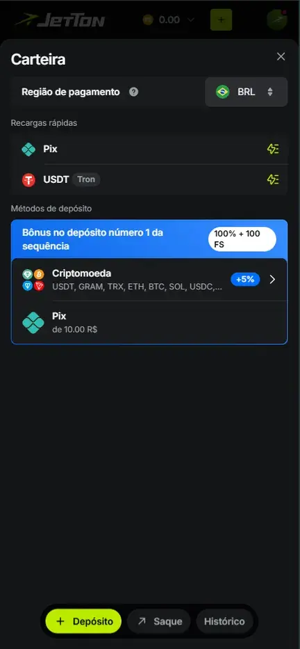 Carteira da Jetton na aba Depósito com Região de pagamento BRL, Recargas rápidas Pix e USDT Tron, aviso de bônus no depósito número 1 de 100% + 100 FS e os métodos Criptomoeda com +5% e Pix de 10.00 R$