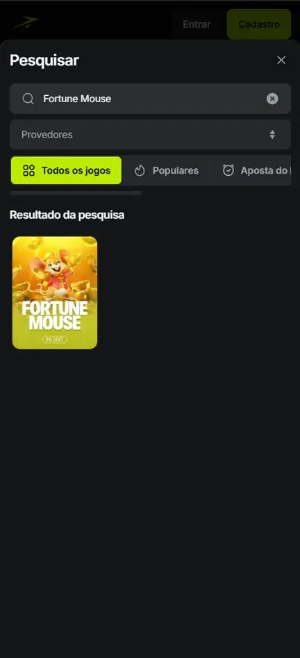 Pesquisa por Fortune Mouse feita sem login na Jetton, com um único resultado da PG Soft