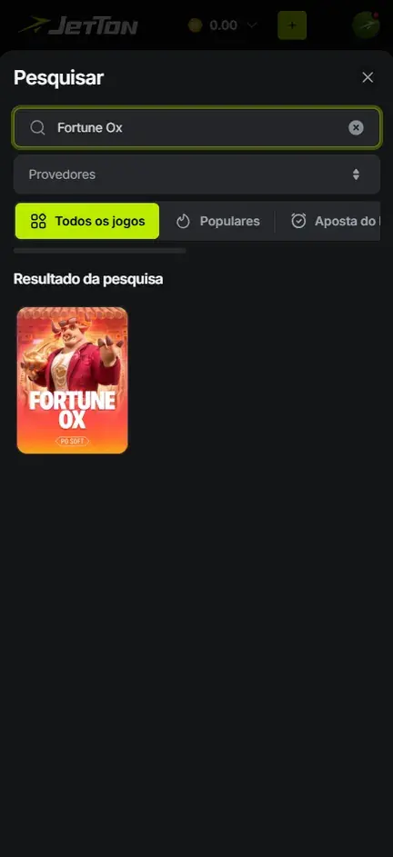 Pesquisa por Fortune Ox na Jetton com um só resultado, assinado pela PG Soft