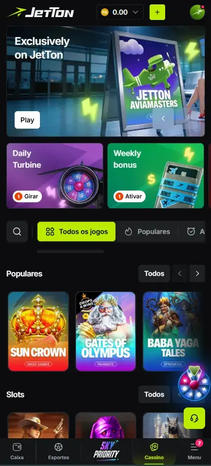 Lobby da Jetton no celular com saldo 0.00 em reais no topo, banner Exclusively on JetTon com botão Play, cartões Daily Turbine e Weekly bonus, filtro Todos os jogos, fileira Populares e barra inferior com Caixa, Esportes, Sky Priority, Cassino e Menu