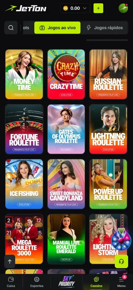 Grade de mesas com crupiê na Jetton depois de tocar no filtro de jogos ao vivo: roletas, game shows e uma pescaria, em quatro fileiras de três