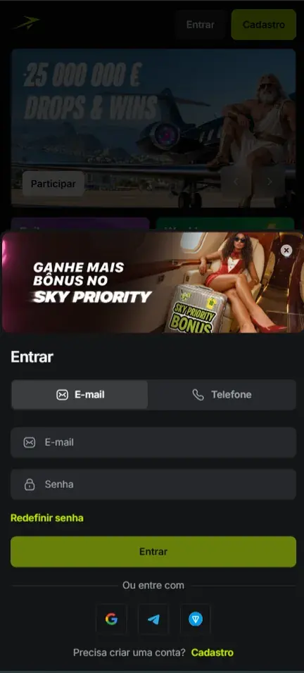 Formulário Entrar da Jetton no celular com abas E-mail e Telefone, campos E-mail e Senha, link Redefinir senha e ícones de Google, Telegram e TON