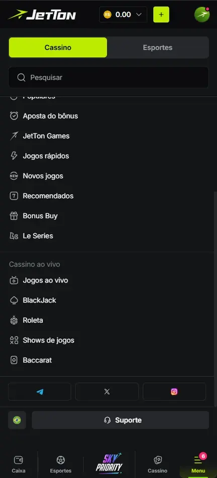 Parte final do Menu da Jetton com o grupo de mesas ao vivo em cinco linhas, ícones de três redes sociais e o botão de suporte
