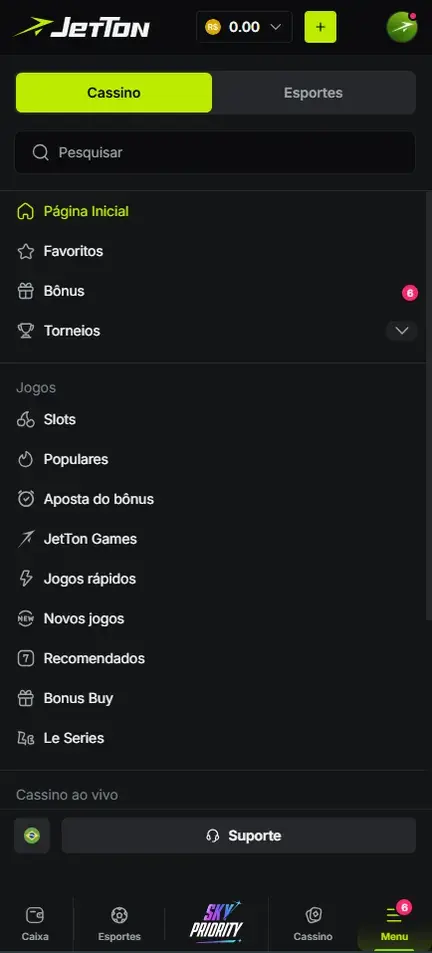 Menu da Jetton no celular com abas Cassino e Esportes, campo Pesquisar, itens Página Inicial, Favoritos, Bônus e Torneios e categorias de jogos como Slots, JetTon Games e Jogos rápidos