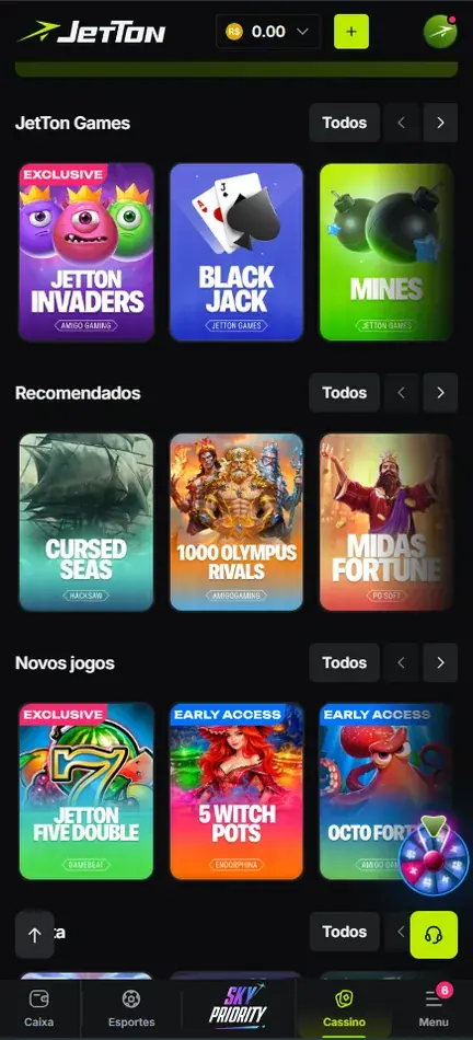 Fileiras JetTon Games, Recomendados e Novos jogos no lobby da Jetton, com Jetton Invaders, Black Jack, Mines, Cursed Seas, 1000 Olympus Rivals, Midas Fortune, Jetton Five Double, 5 Witch Pots e Octo Fortune