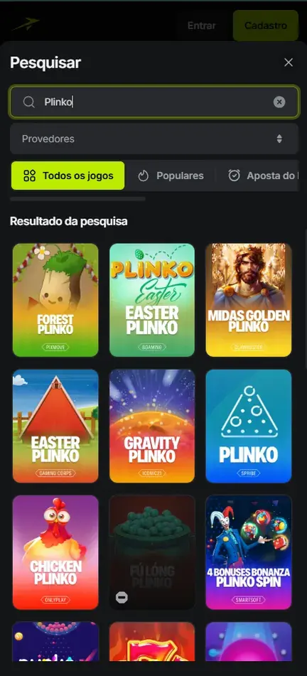 Pesquisa por Plinko na Jetton com muitas versões do jogo, cada uma de um estúdio