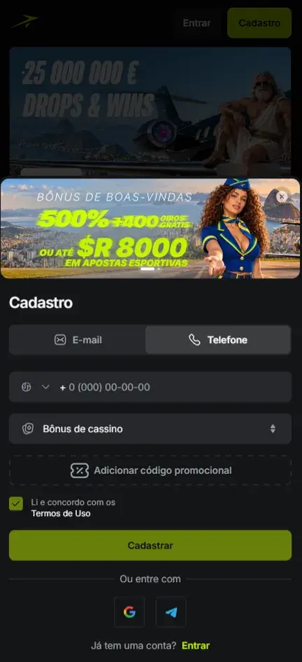 Cadastro da Jetton na aba Telefone com banner de boas-vindas 500% + 400 giros grátis ou até R$ 8000 em apostas esportivas e campo de número com seletor de país