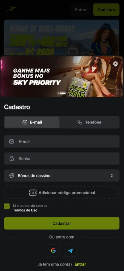 Formulário Cadastro da Jetton com campos de e-mail e senha, seletor Bônus de cassino e o botão pontilhado Adicionar código promocional acima da caixa dos Termos de Uso