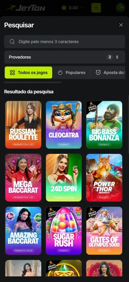 Pesquisa da Jetton filtrada por dois fornecedores, com slots e mesas ao vivo misturados no resultado