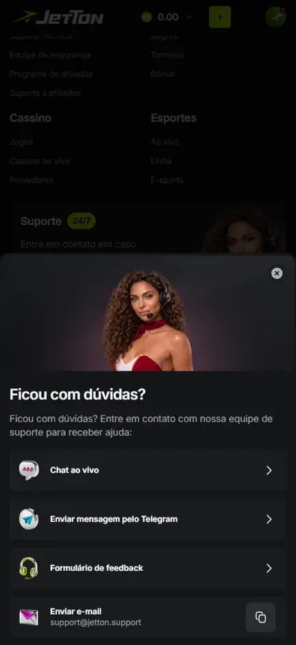 Pop-up de atendimento da Jetton com quatro opções de contato, a última com o endereço de e-mail do suporte