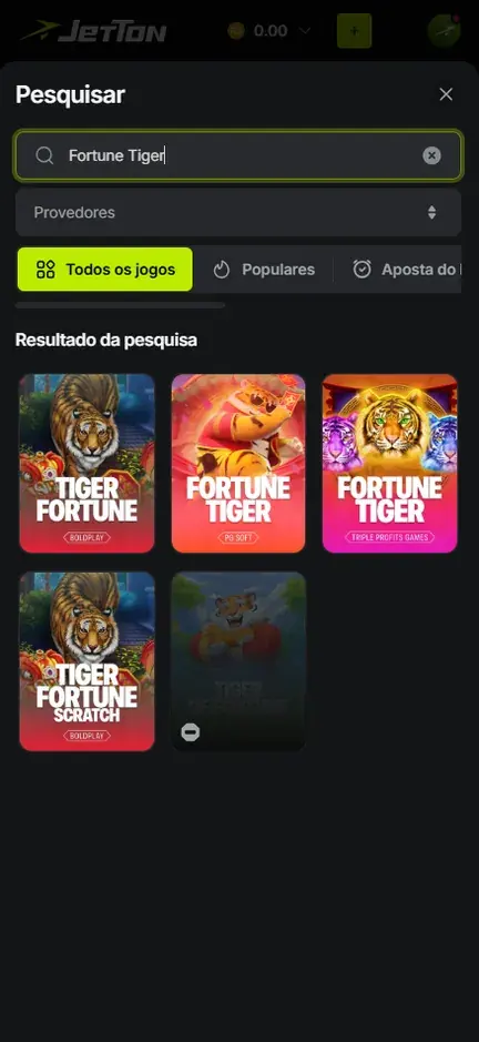 Resultado da pesquisa pelo tigrinho na Jetton: cinco capas com tigres, três estúdios nas quatro legíveis, e uma delas esmaecida