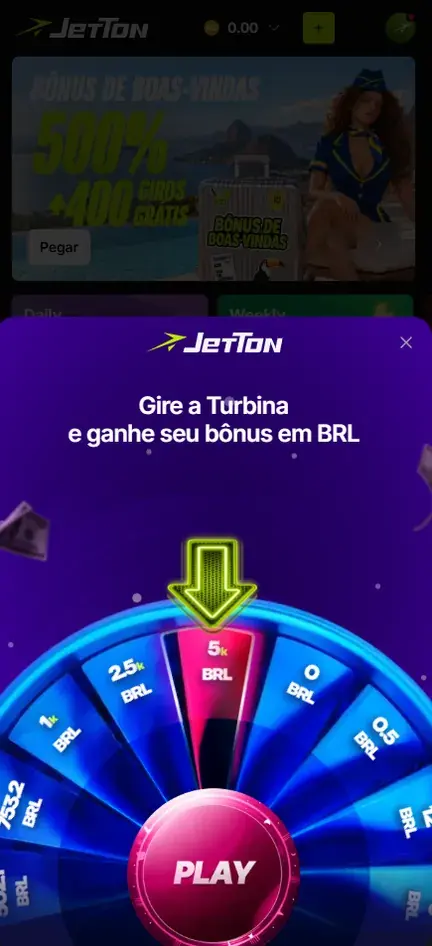 Roda da Turbina diária da Jetton aberta sobre o banner de boas-vindas, com fatias em reais e botão Play