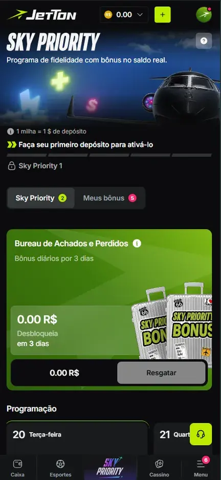 Tela Sky Priority da Jetton com a frase Programa de fidelidade com bônus no saldo real, aviso 1 milha = 1 $ de depósito, abas Sky Priority e Meus bônus e cartão Bureau de Achados e Perdidos
