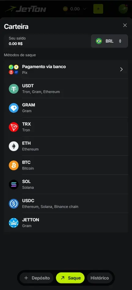 Aba Saque da Carteira da Jetton com Seu saldo 0.00 R$ em BRL e a lista de métodos de saque começando por Pagamento via banco Pix, seguida de USDT, GRAM, TRX, ETH, BTC, SOL, USDC e JETTON